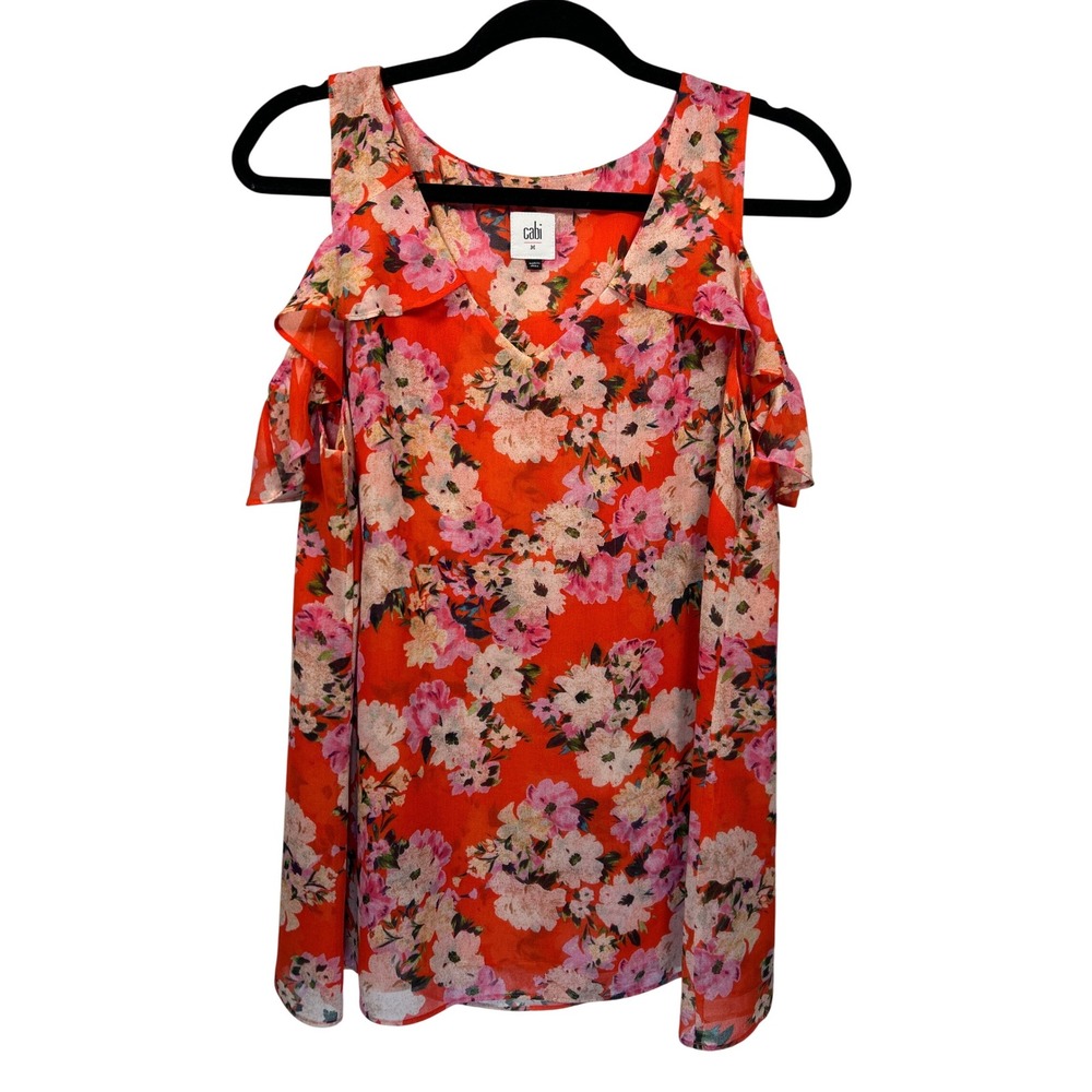 Cabi Floral Ruffle Cold Shoulder Sleeveless Blouse Top Orange Pink Size‎ M